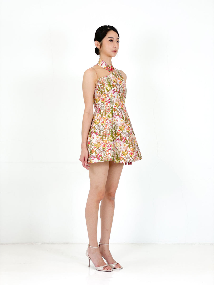Brocade Button Minimalist Mini Qipao | Wisteria