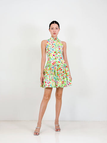 Bubble Qipao Mini Dress  | Yellow Floral