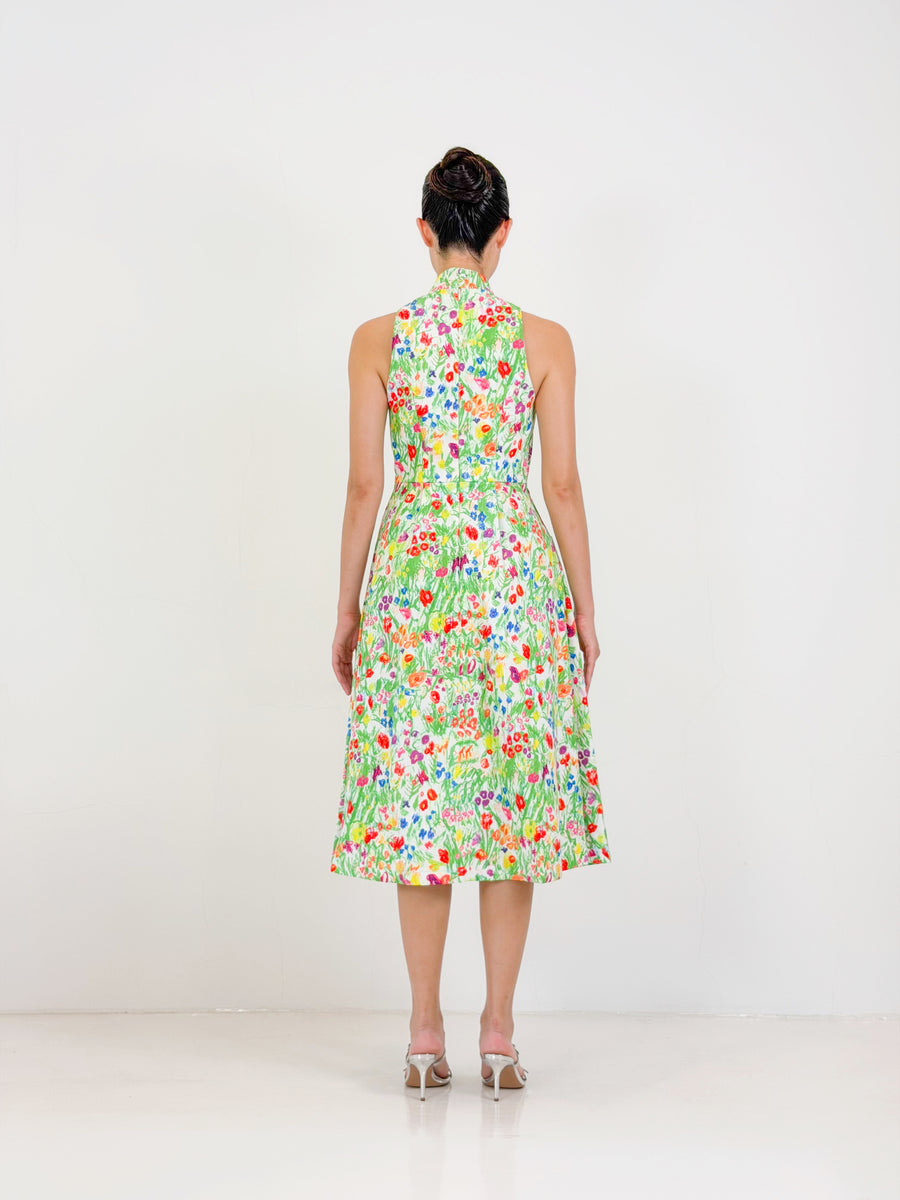 Racer Neck Qipao Midi Dress  | Yellow Floral