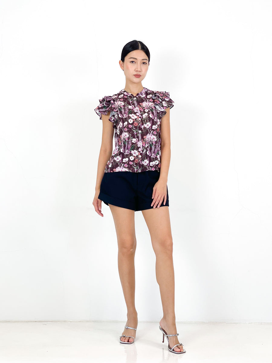 Frill Sleeve Button Down Top  | Brown Purple