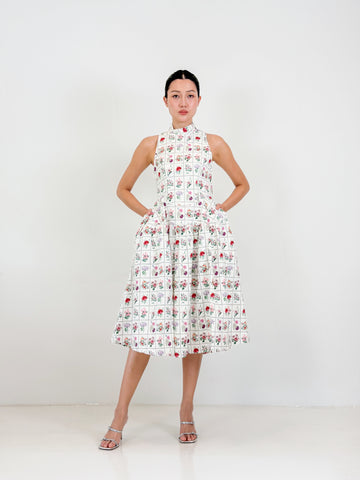 Side Collar Qipao Midi Dress  | White Floral