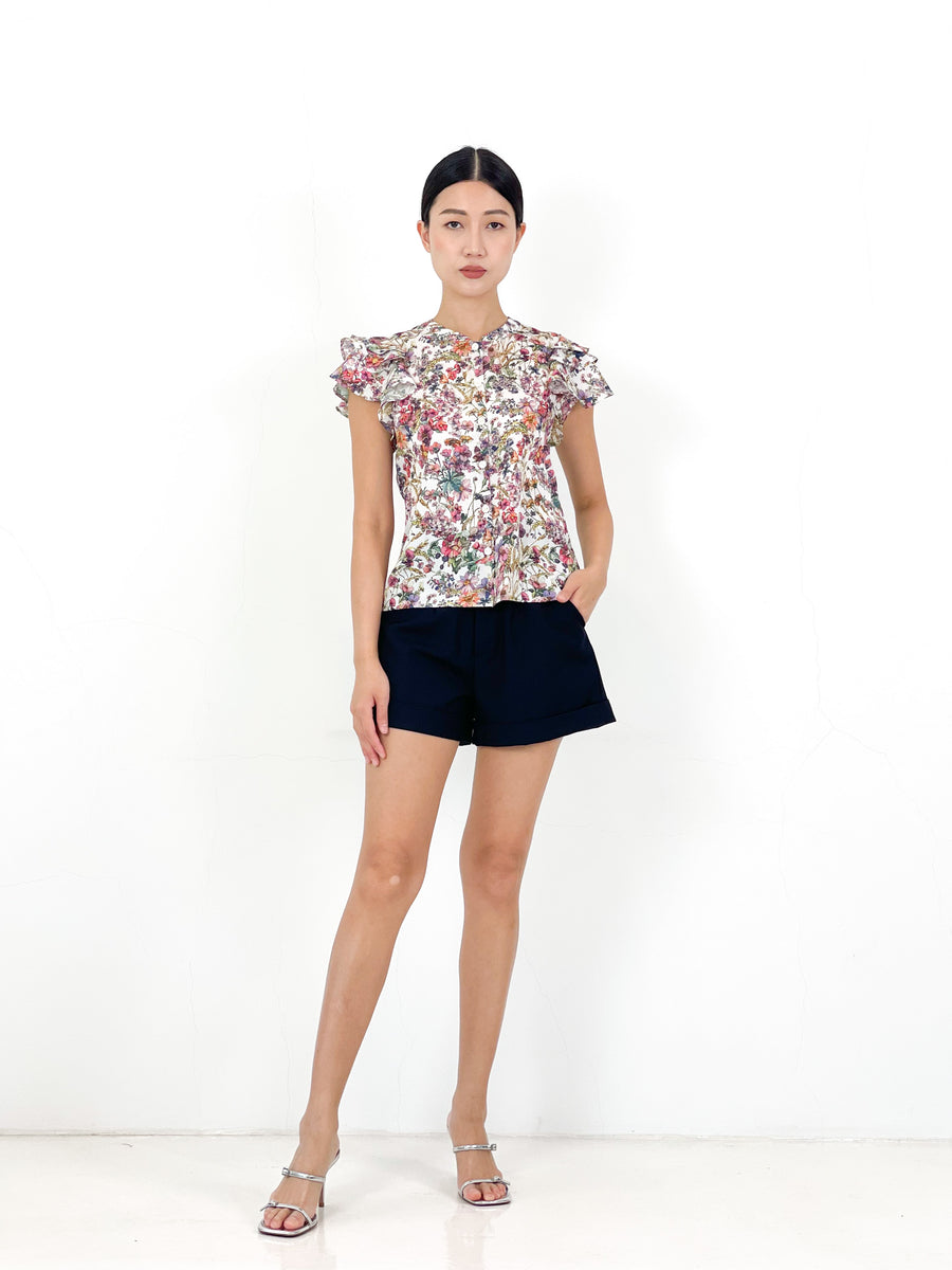Frill Sleeve Button Down Top  | White Floral