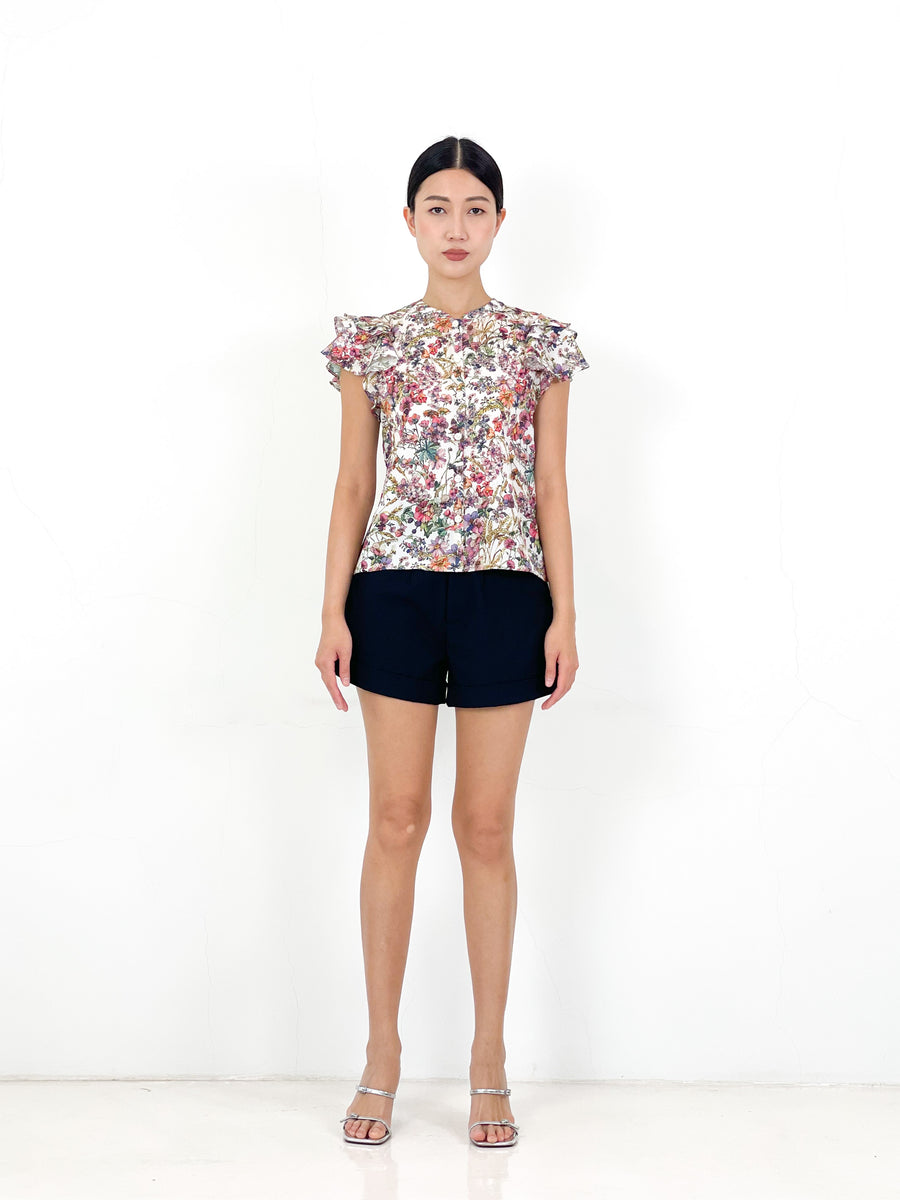 Frill Sleeve Button Down Top  | White Floral