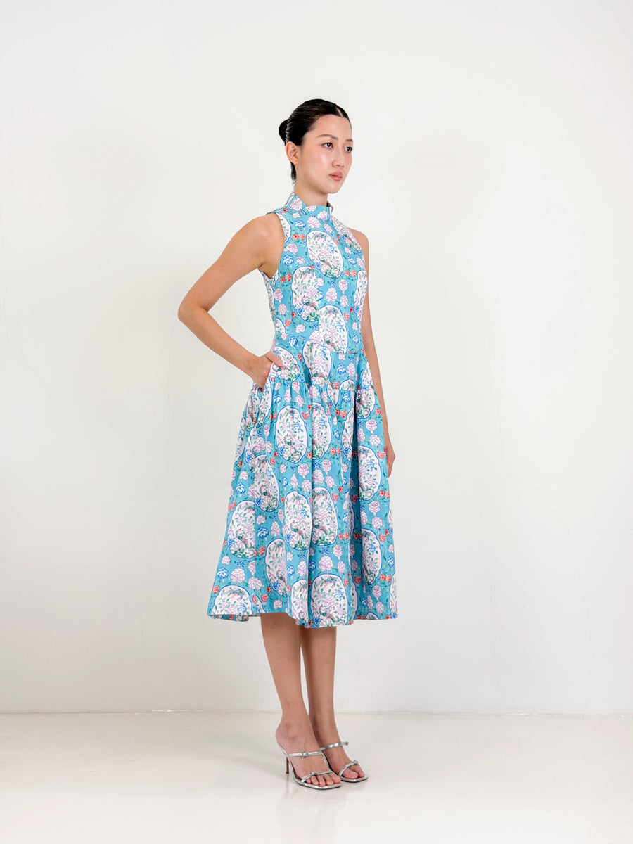 Side Collar Qipao Midi Dress  | Blue Chinoiserie