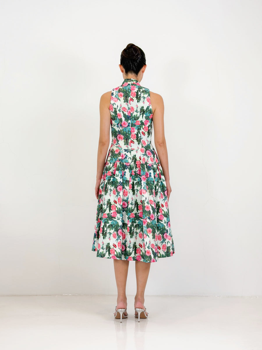Side Collar Qipao Midi Dress  | Green Floral