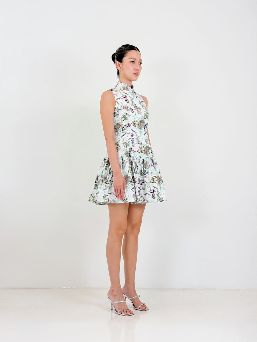 Flared Corset Qipao Mini Dress  | Mint Floral