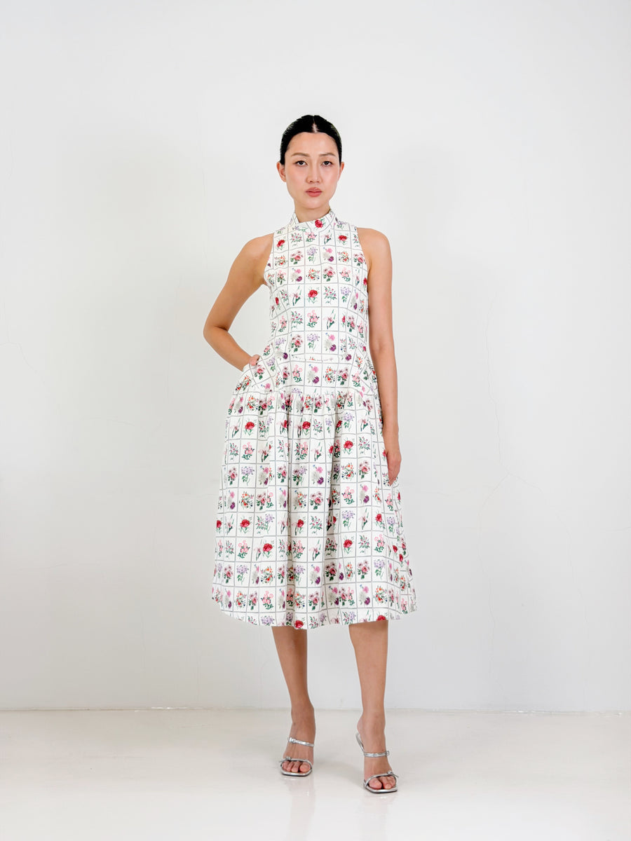 Side Collar Qipao Midi Dress  | White Floral