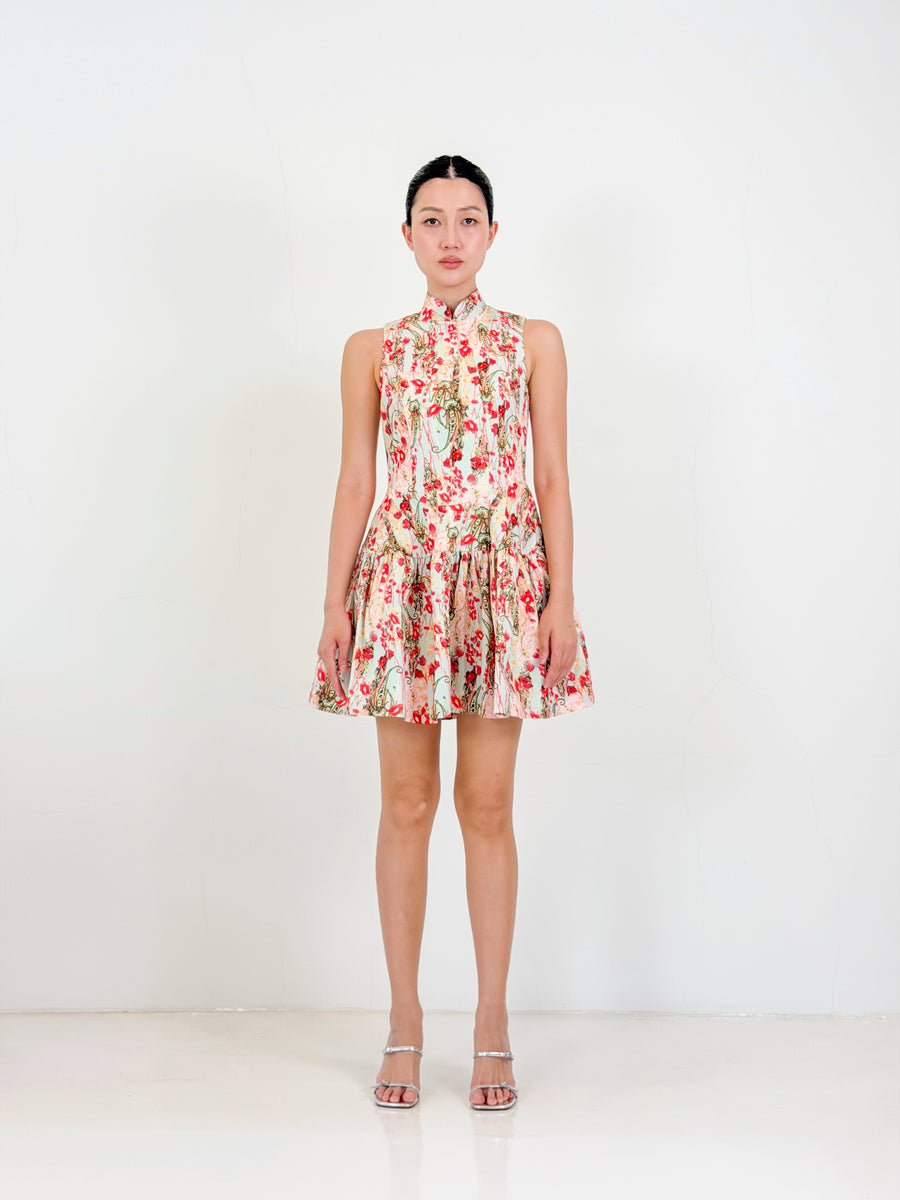 Flared Corset Qipao Mini Dress  | Red Floral