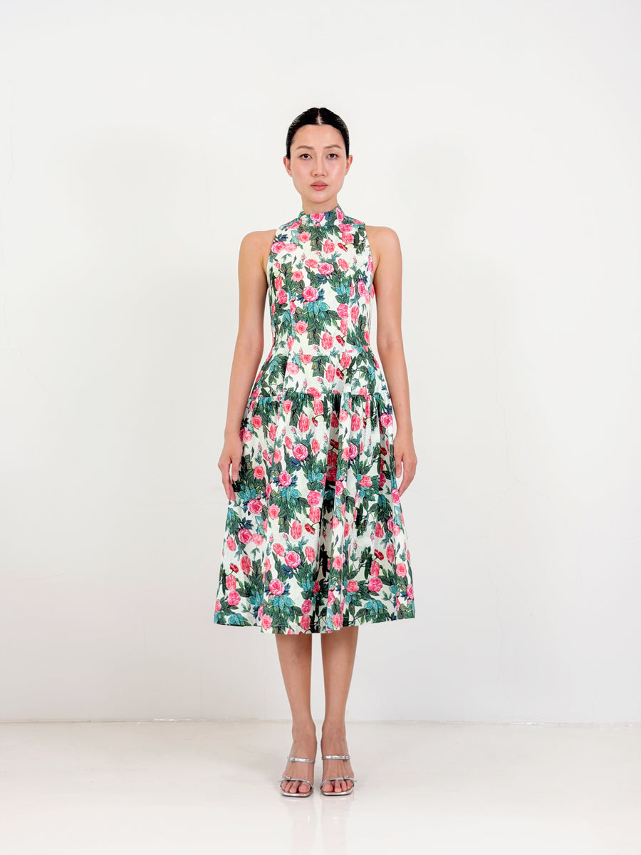 Side Collar Qipao Midi Dress  | Green Floral