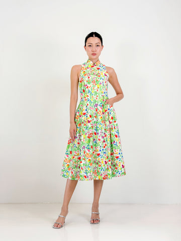 Racer Neck Qipao Midi Dress  | Yellow Floral