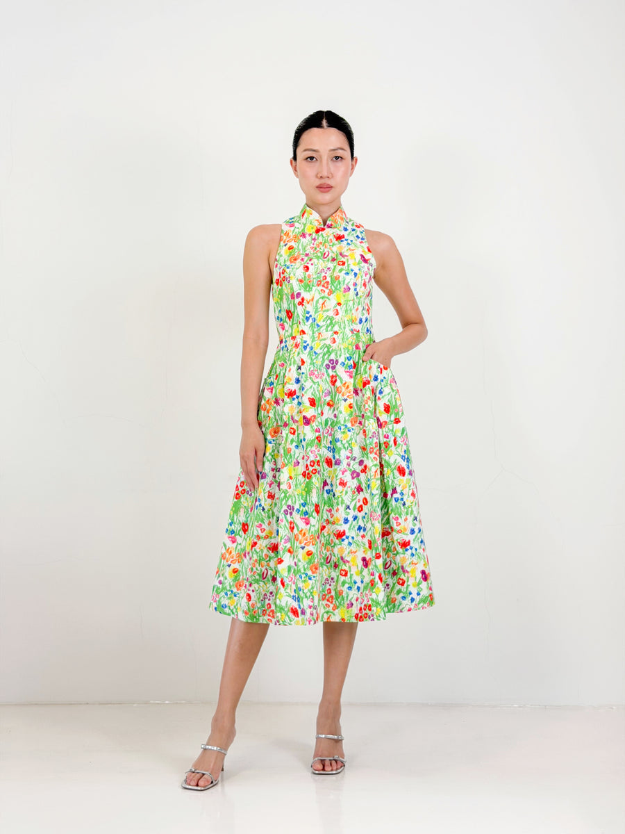 Racer Neck Qipao Midi Dress  | Yellow Floral