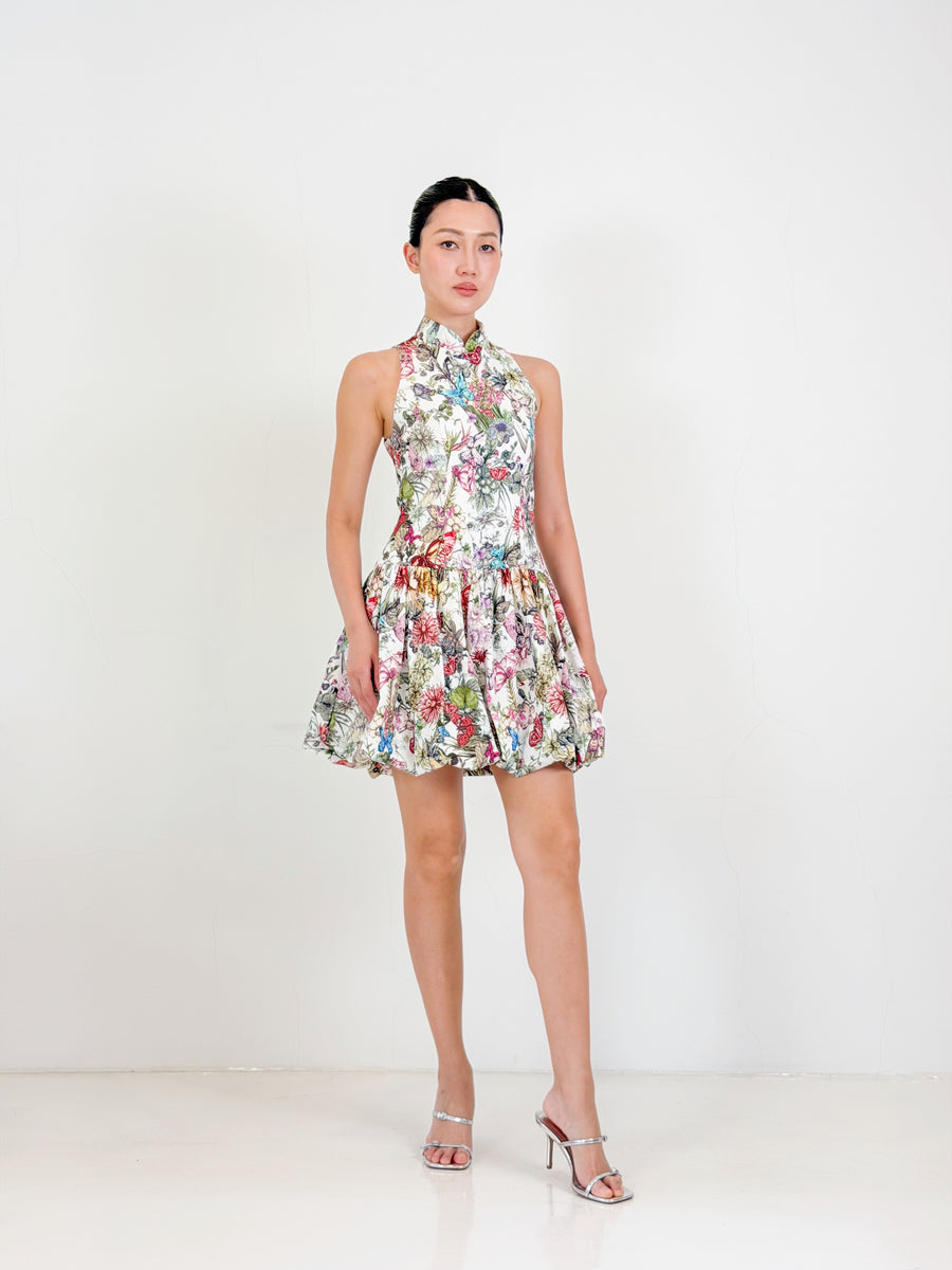 Bubble Qipao Mini Dress  | White Floral