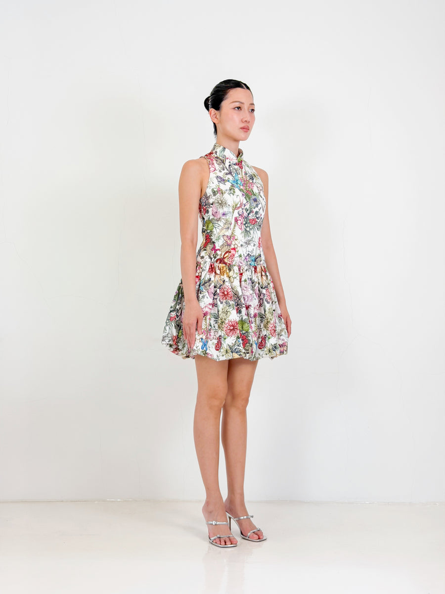 Bubble Qipao Mini Dress  | White Floral