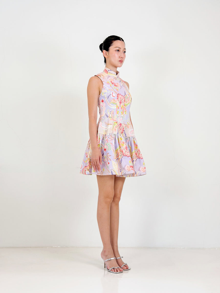 Flared Corset Qipao Mini Dress  | Lilac Floral