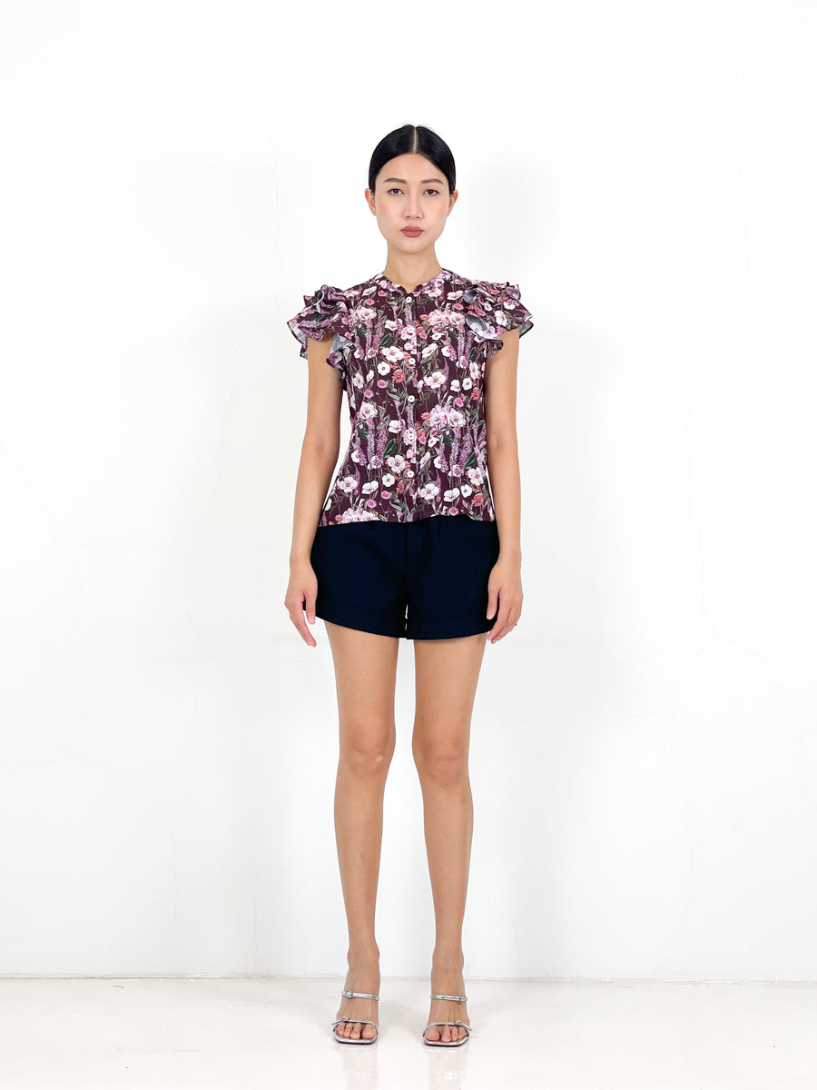 Frill Sleeve Button Down Top  | Brown Purple