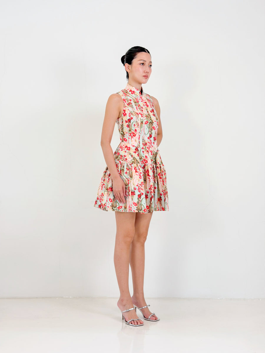 Flared Corset Qipao Mini Dress  | Red Floral