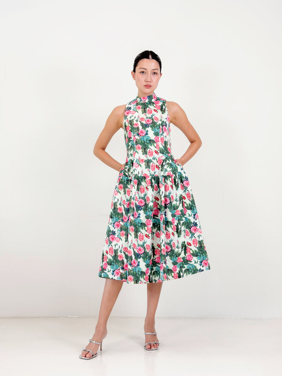 Side Collar Qipao Midi Dress  | Green Floral