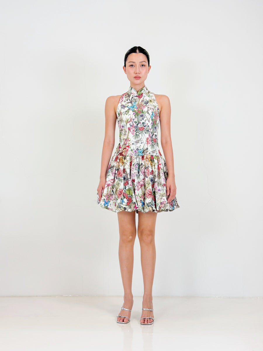 Bubble Qipao Mini Dress  | White Floral