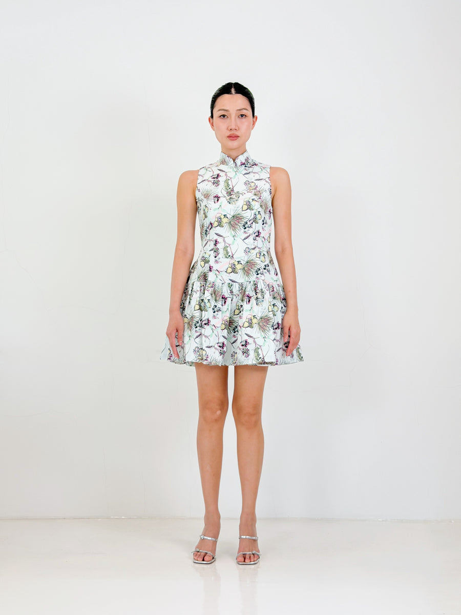 Flared Corset Qipao Mini Dress  | Mint Floral