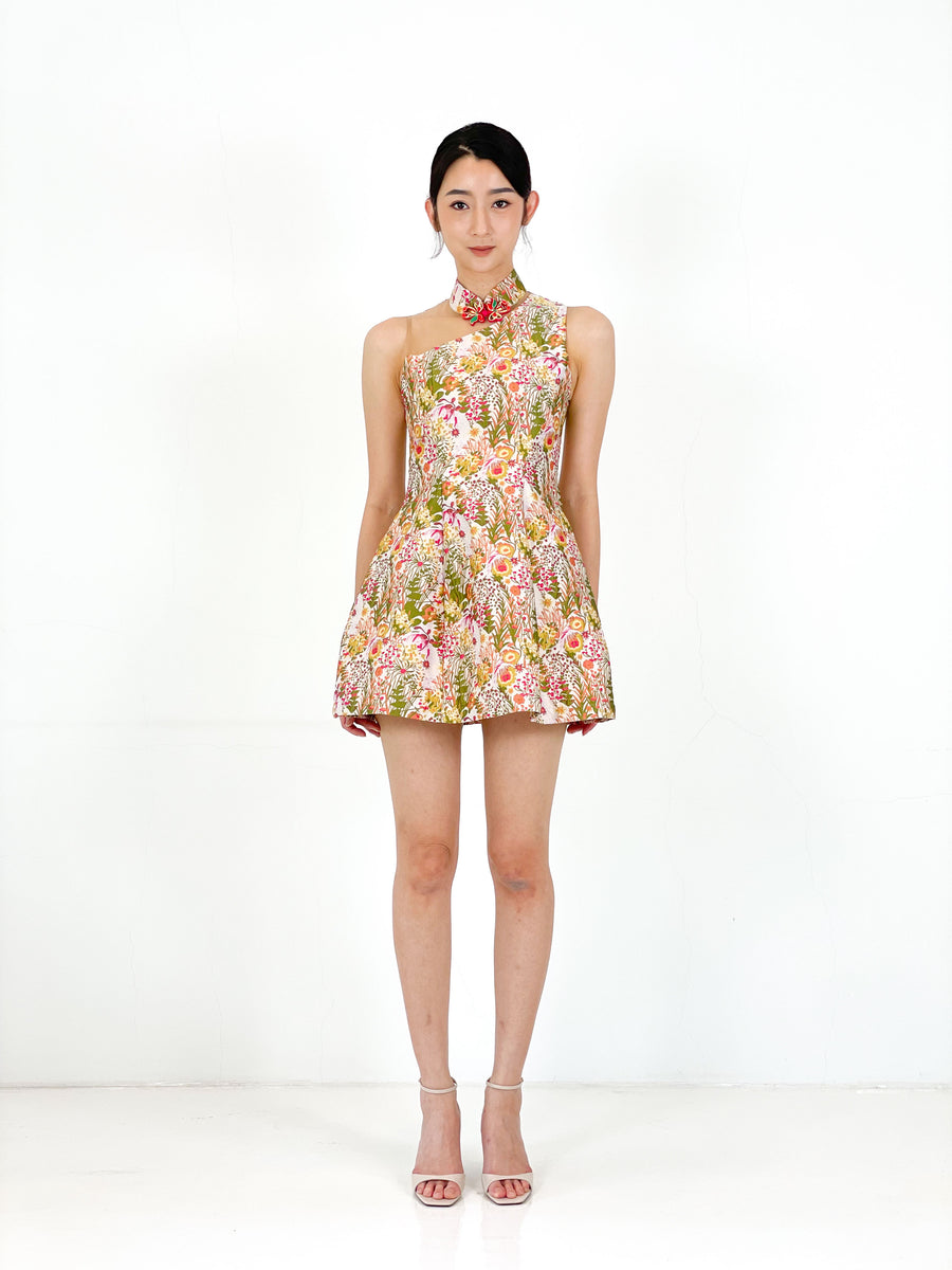 Brocade Button Minimalist Mini Qipao | Wisteria