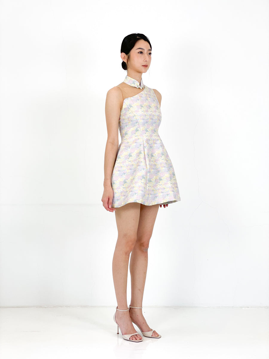 Brocade Button Minimalist Mini Qipao | Pastel Floral