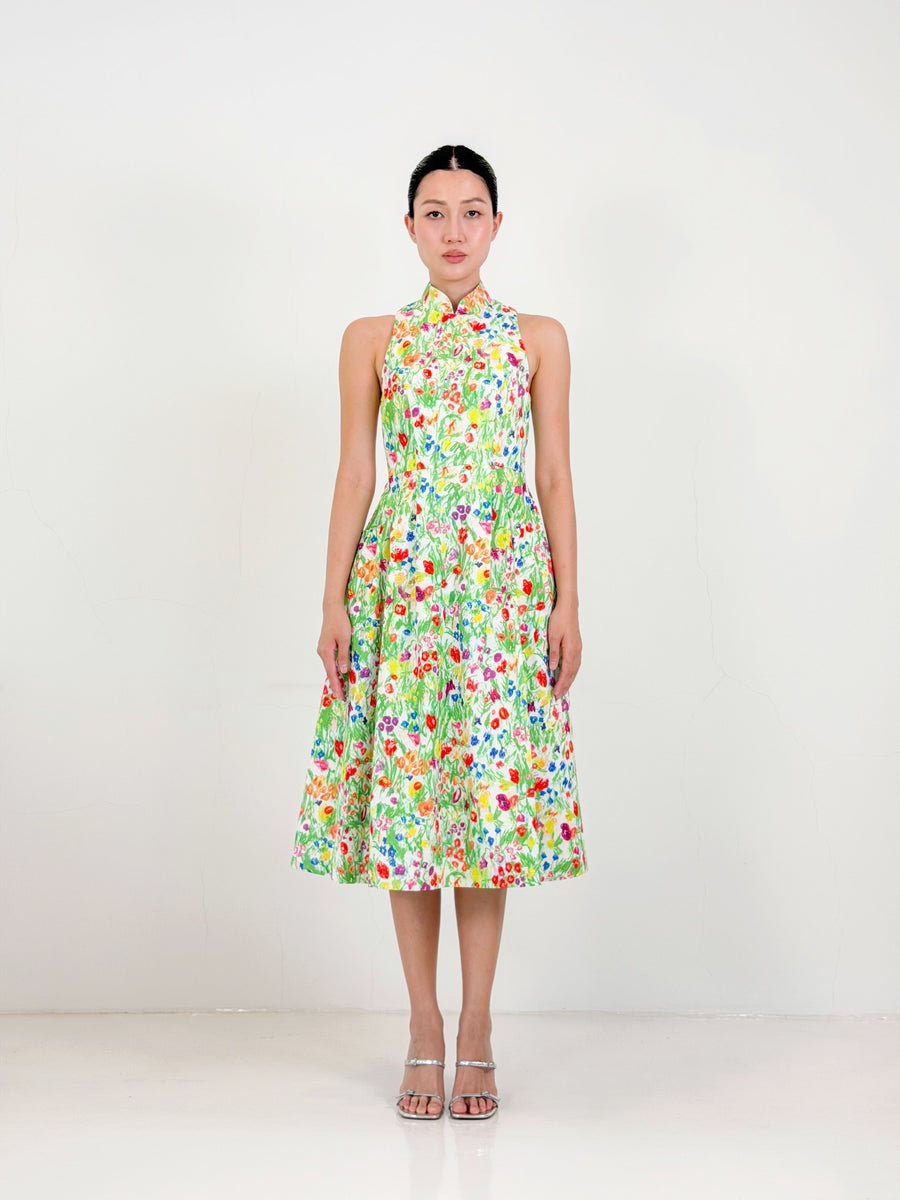 Racer Neck Qipao Midi Dress  | Yellow Floral