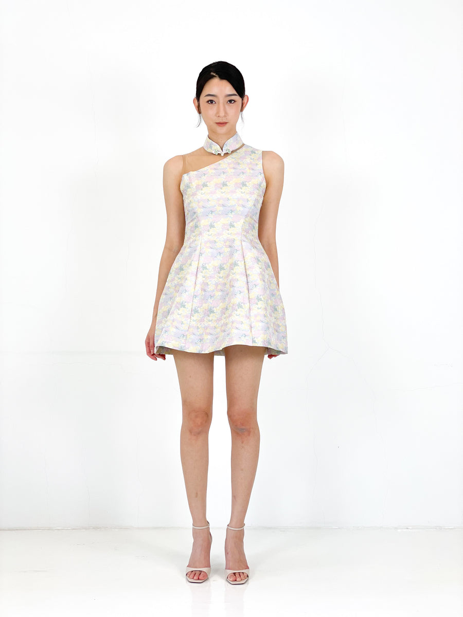 Brocade Button Minimalist Mini Qipao | Pastel Floral