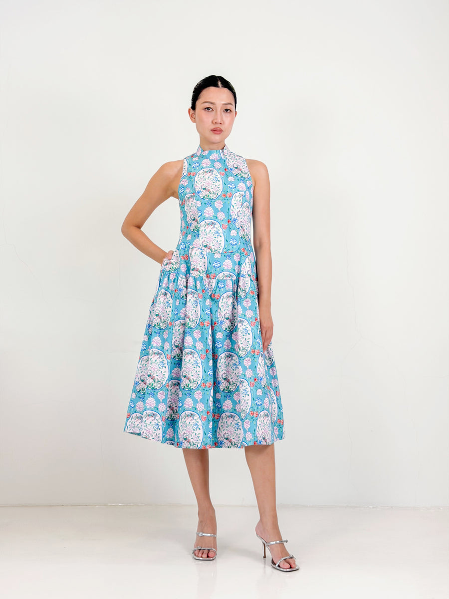Side Collar Qipao Midi Dress  | Blue Chinoiserie