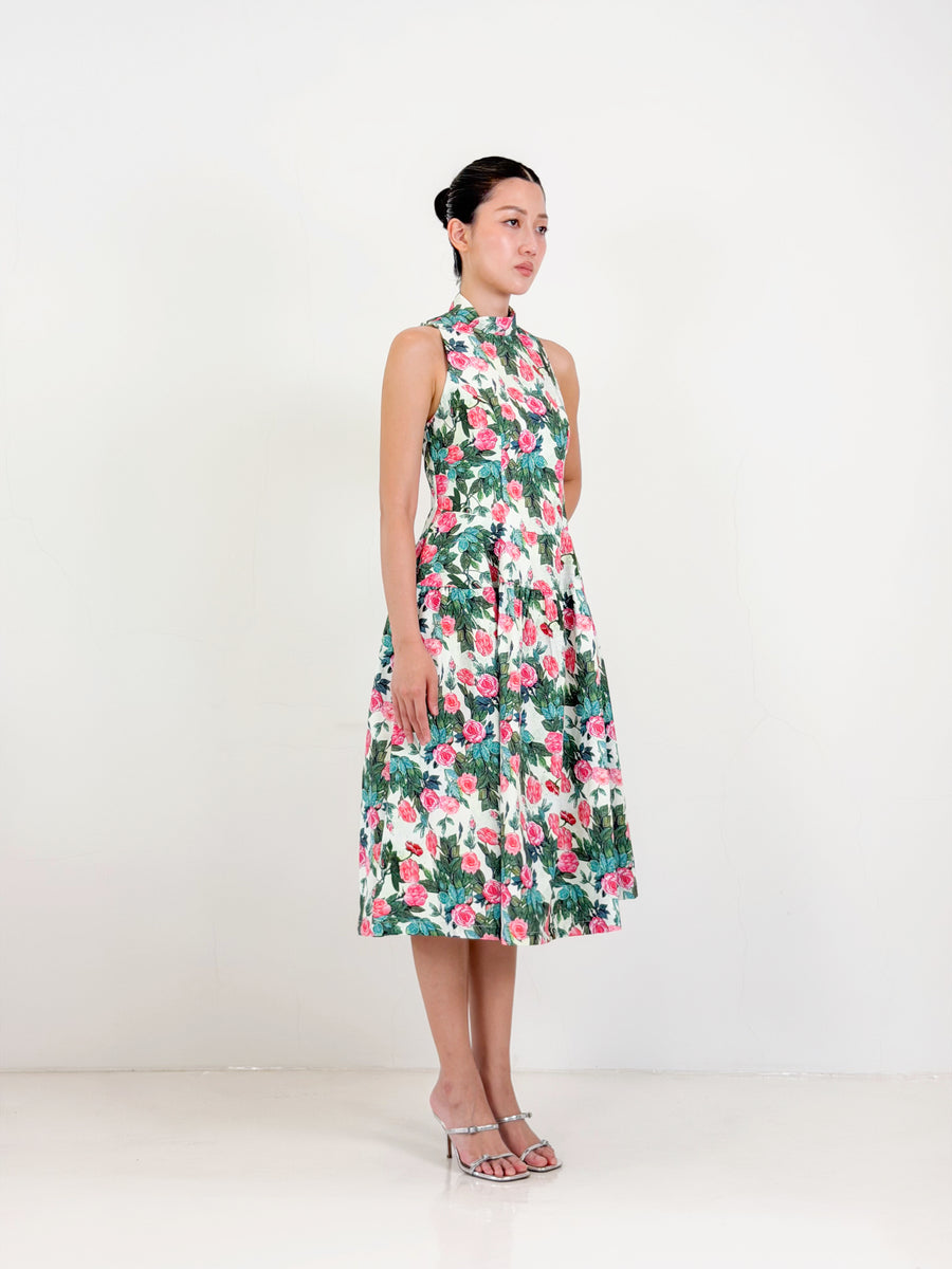 Side Collar Qipao Midi Dress  | Green Floral