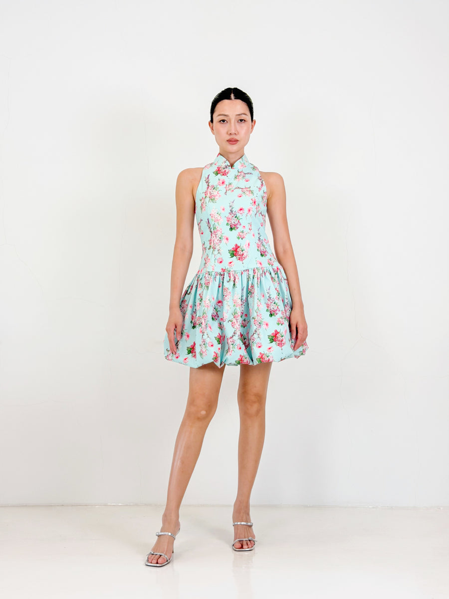 Bubble Qipao Mini Dress  | Blue Floral