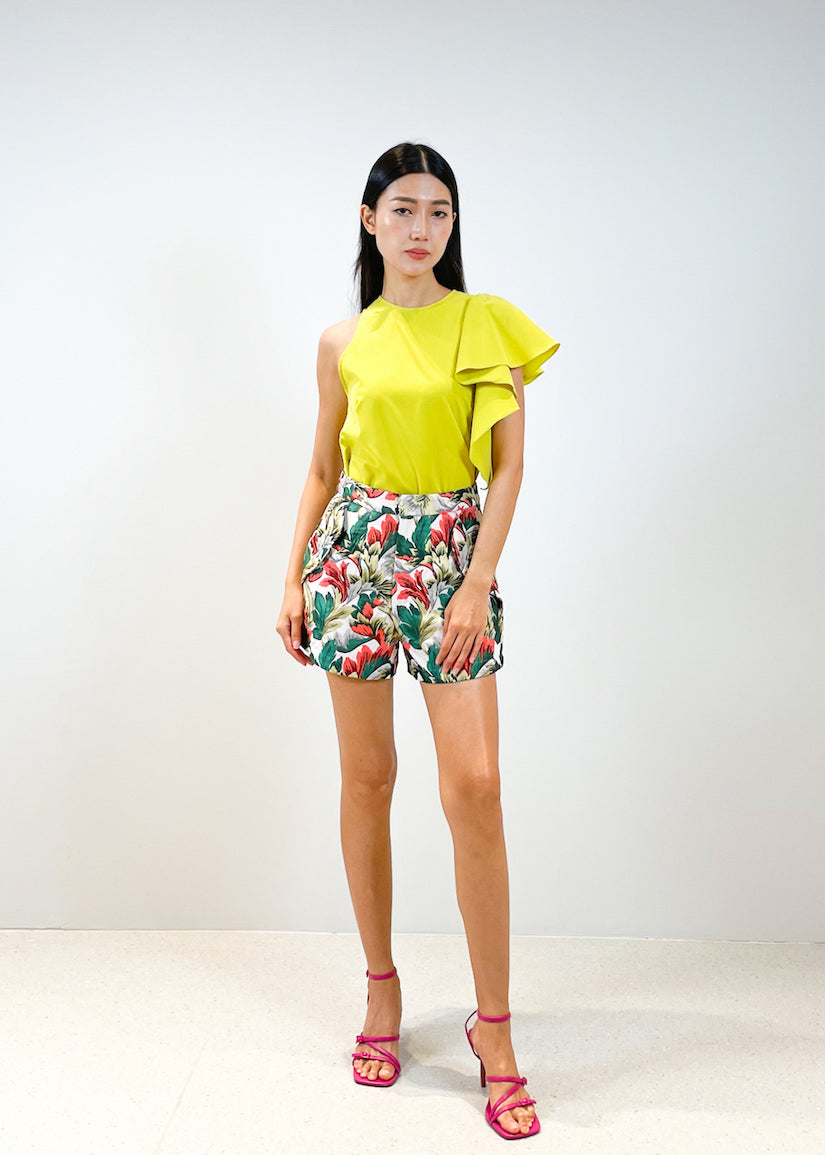Brocade Pleated Pocket Detail Flare Shorts | Green Floral