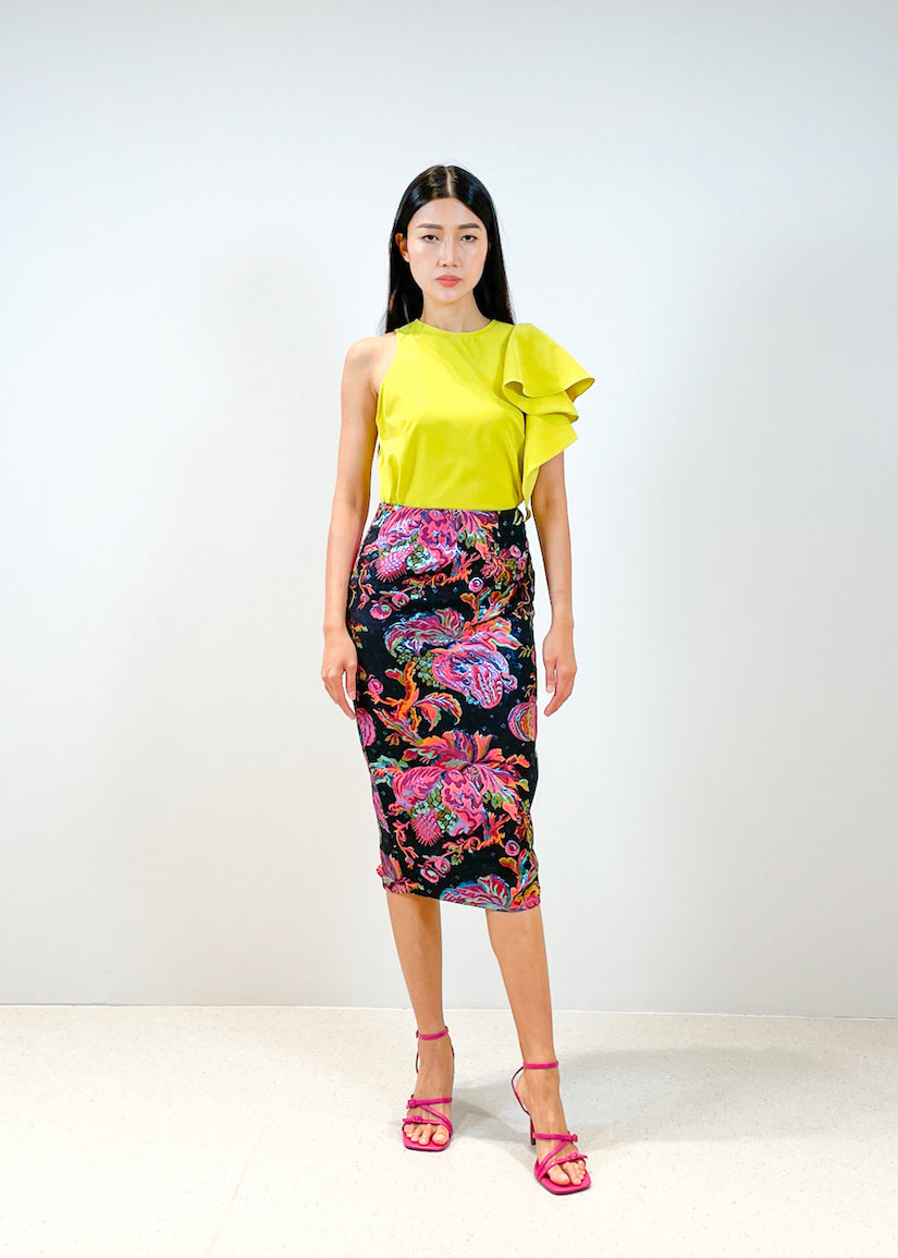 Brocade Pencil Skirt | Black Multi Floral