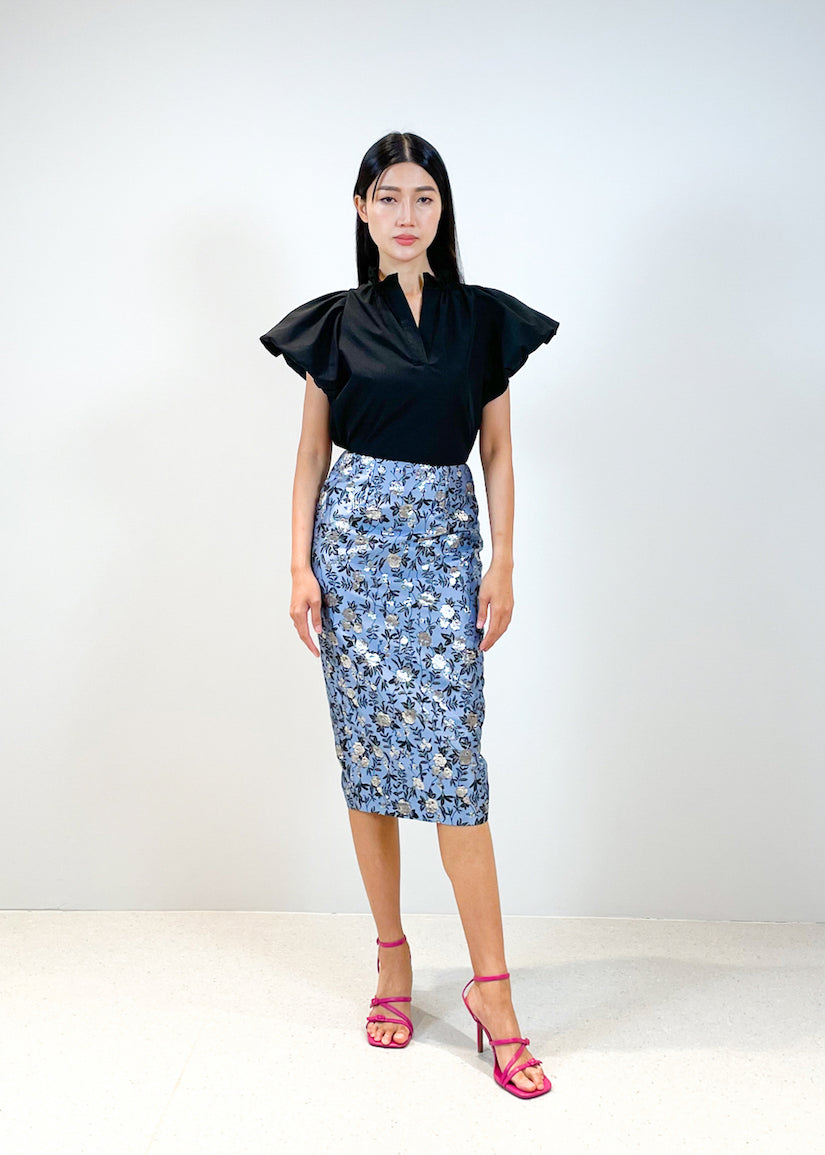 Brocade Pencil Skirt | Blue Silver