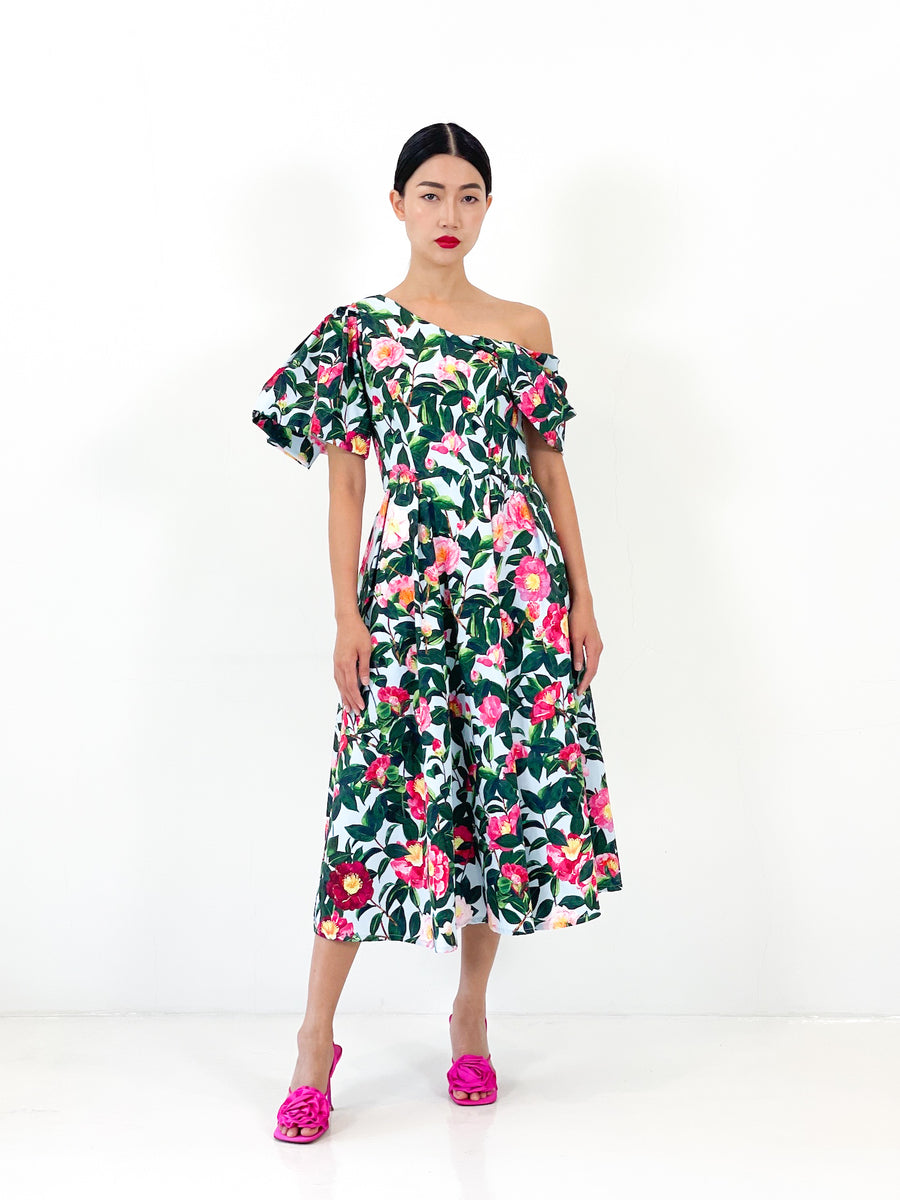 Off Shoulder Asymmetrical Midi Dress  | Green Floral