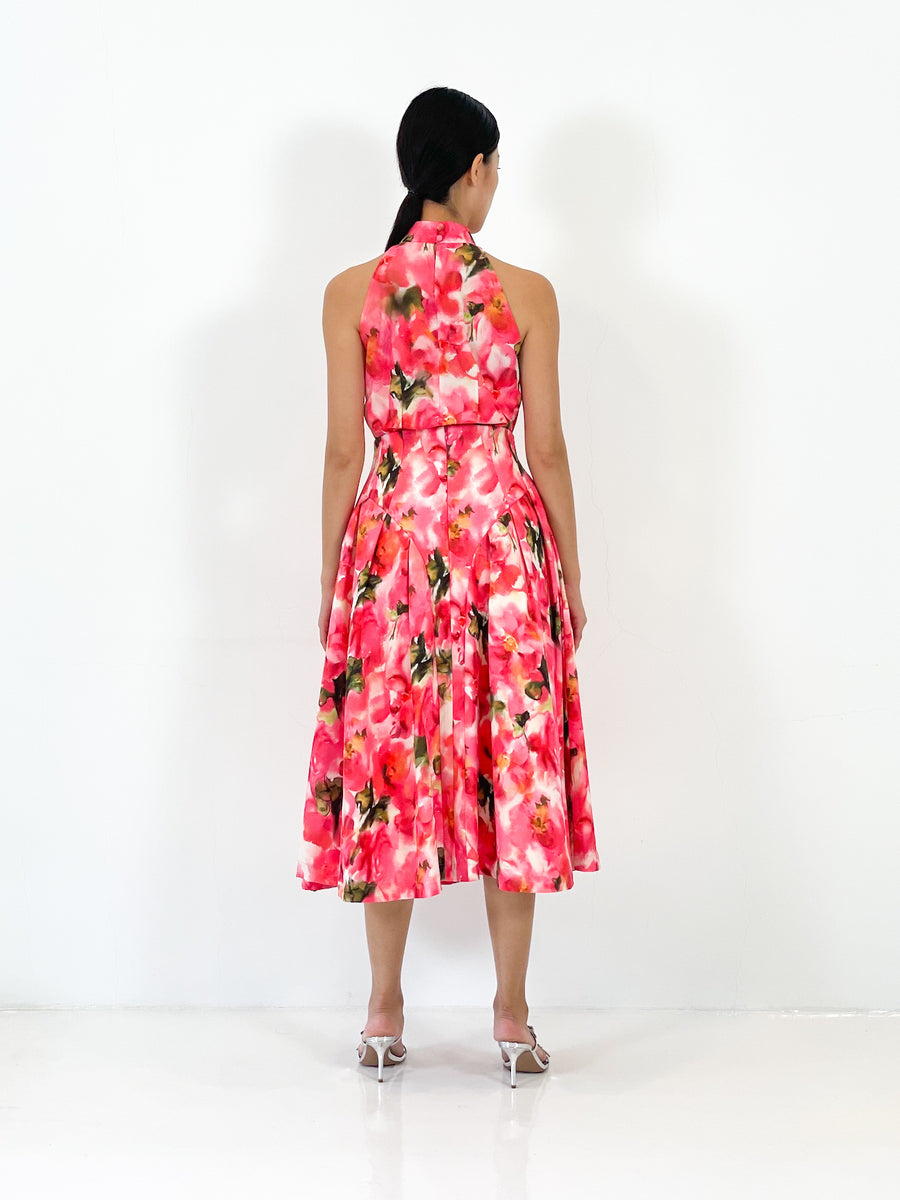 High Waist Side Pleated Midi Skirt | Peach Floral