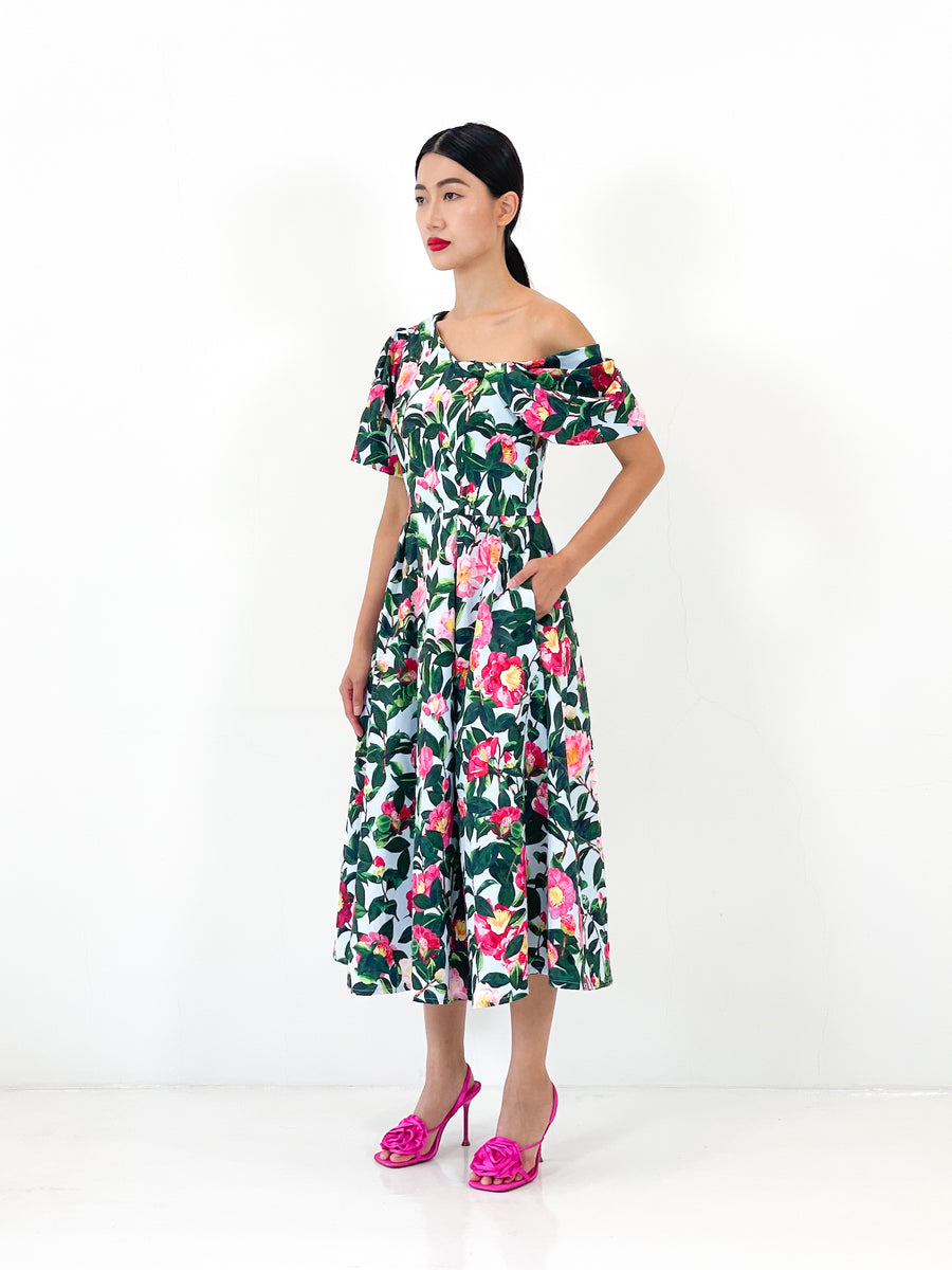 Off Shoulder Asymmetrical Midi Dress  | Green Floral