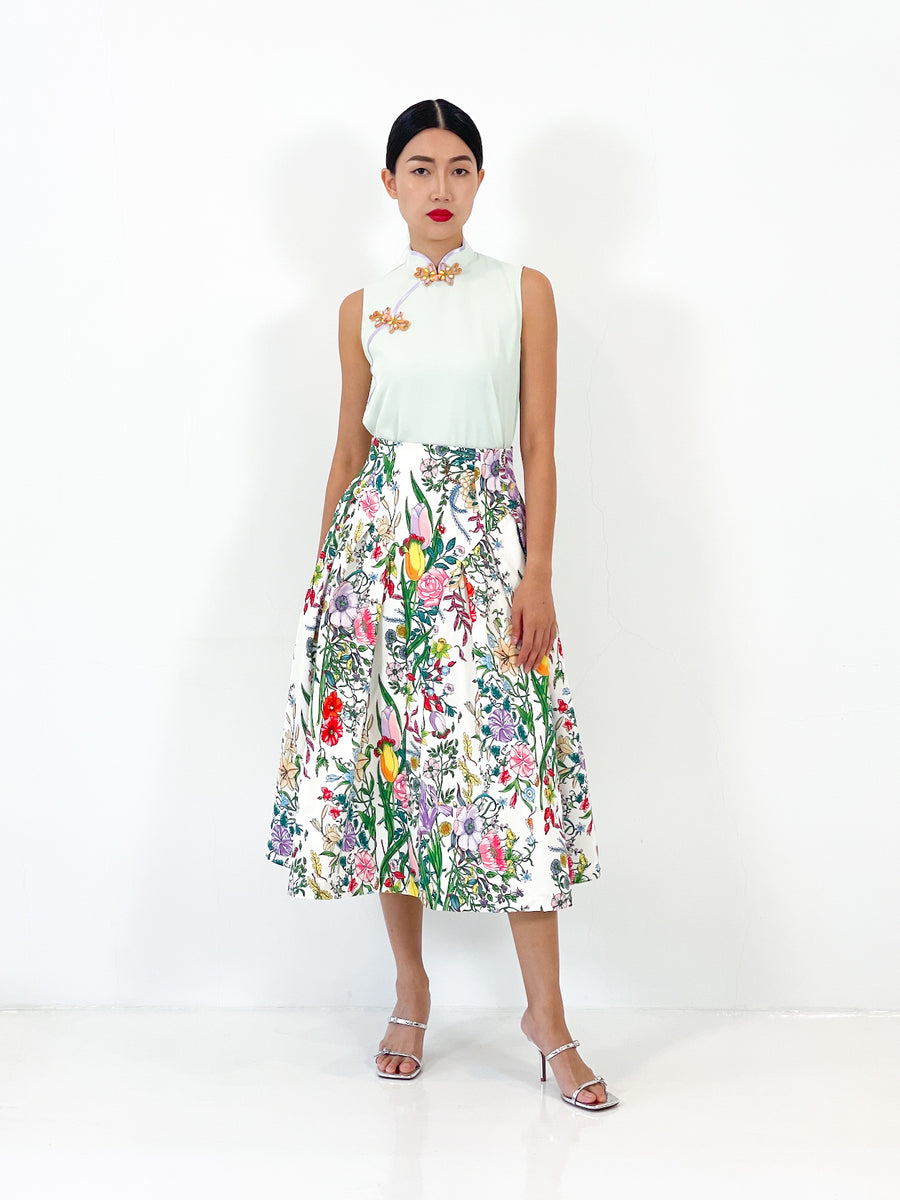 High Waist Side Pleated Midi Skirt | White Floral