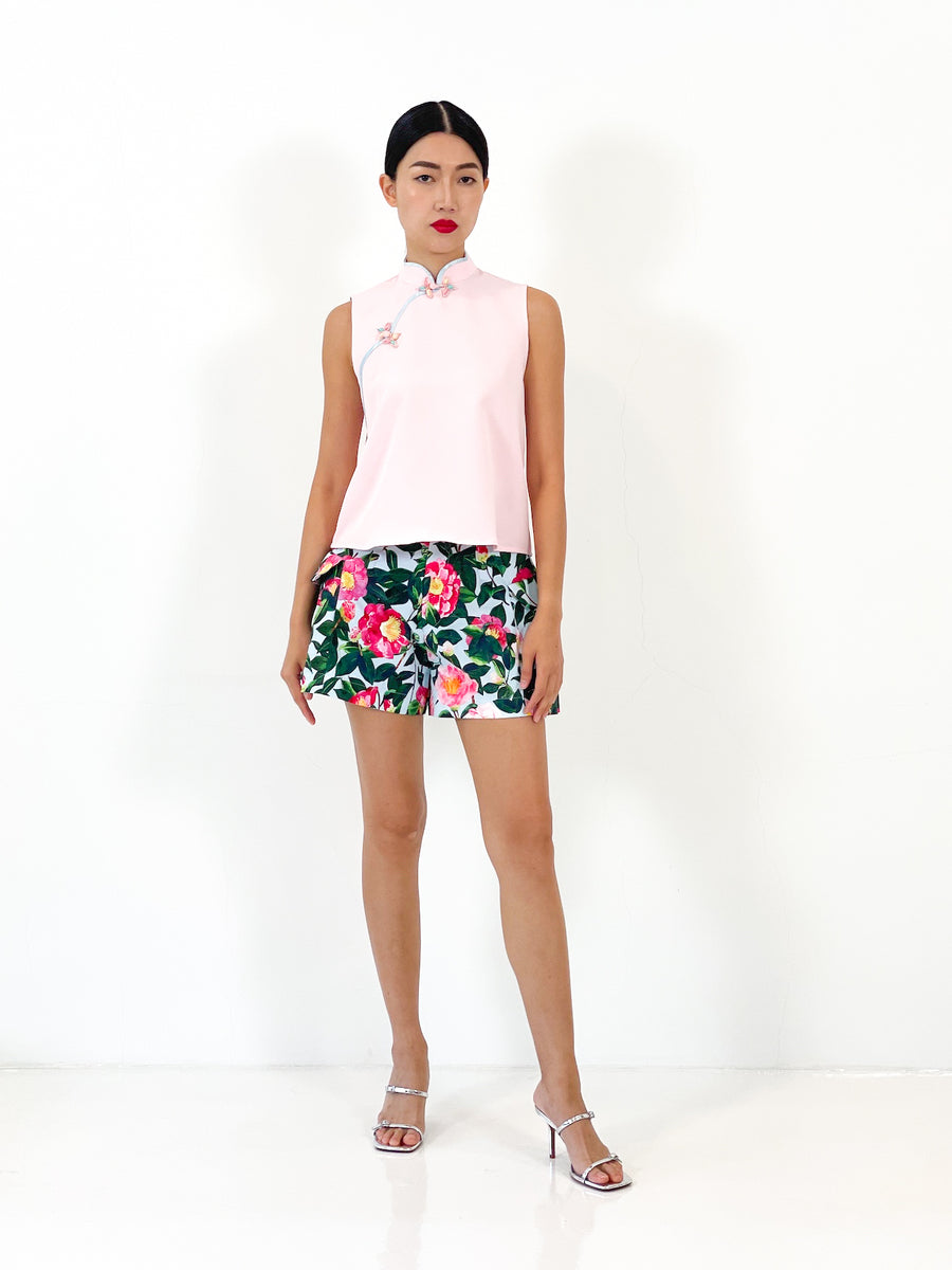 Contrast Sleeveless Button Qipao Top | Pink