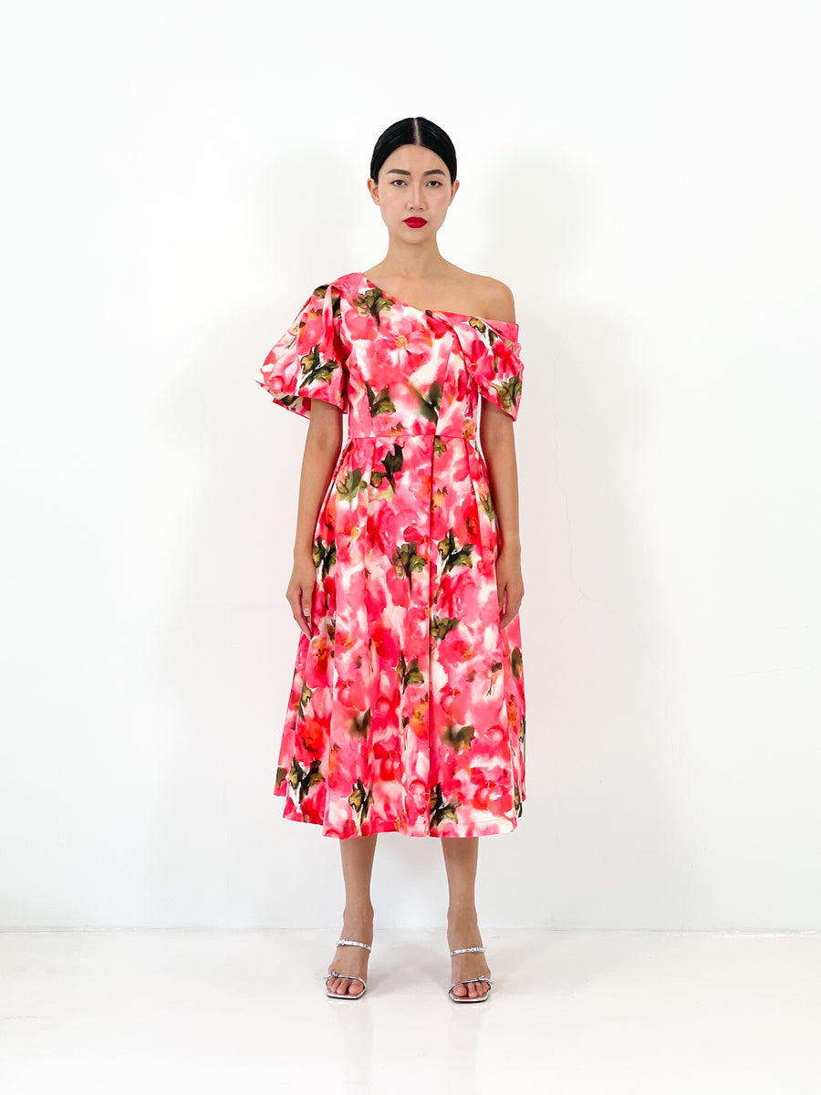 Off Shoulder Asymmetrical Midi Dress  | Peach Floral
