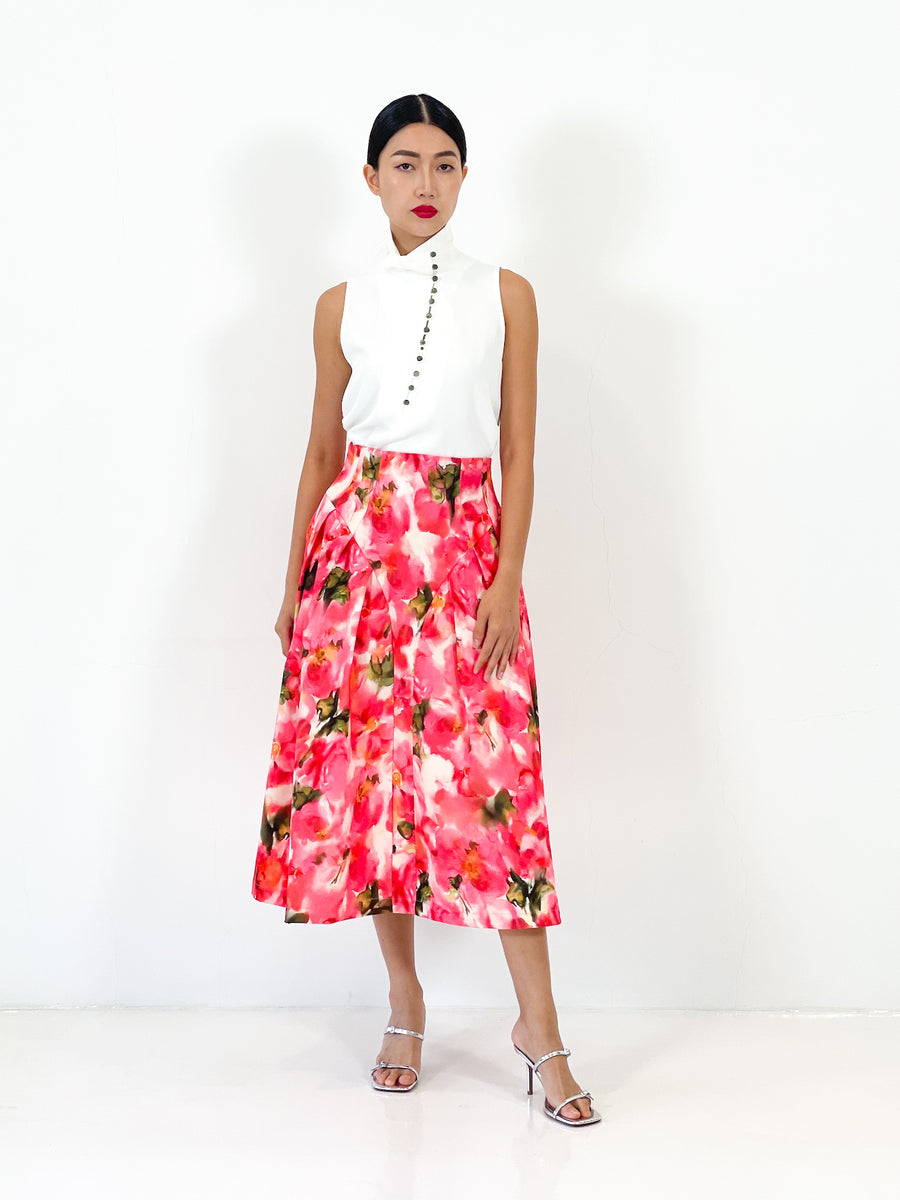 High Waist Side Pleated Midi Skirt | Peach Floral