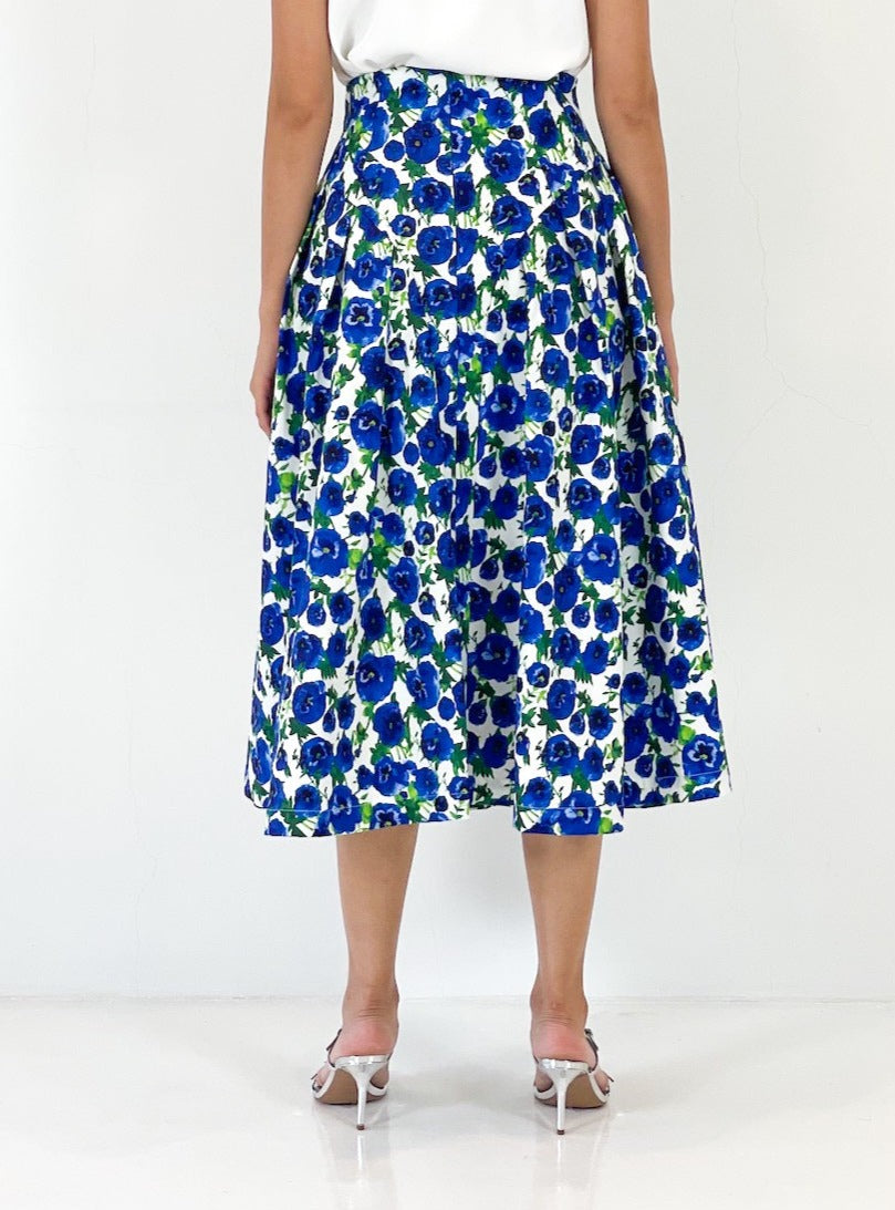 High Waist Side Pleated Midi Skirt | Blue Floral