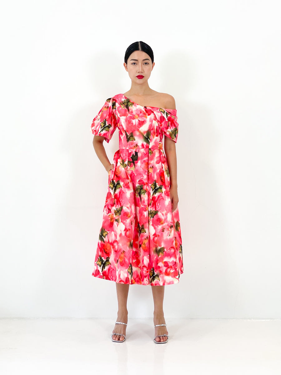 Off Shoulder Asymmetrical Midi Dress  | Peach Floral