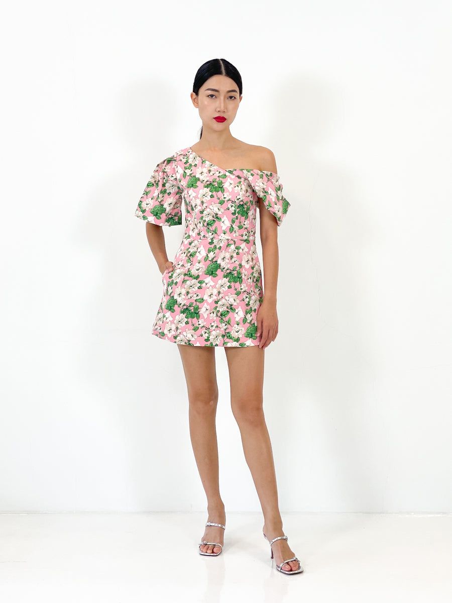 Off Shoulder Asymmetrical Mini Dress  | Pink Floral