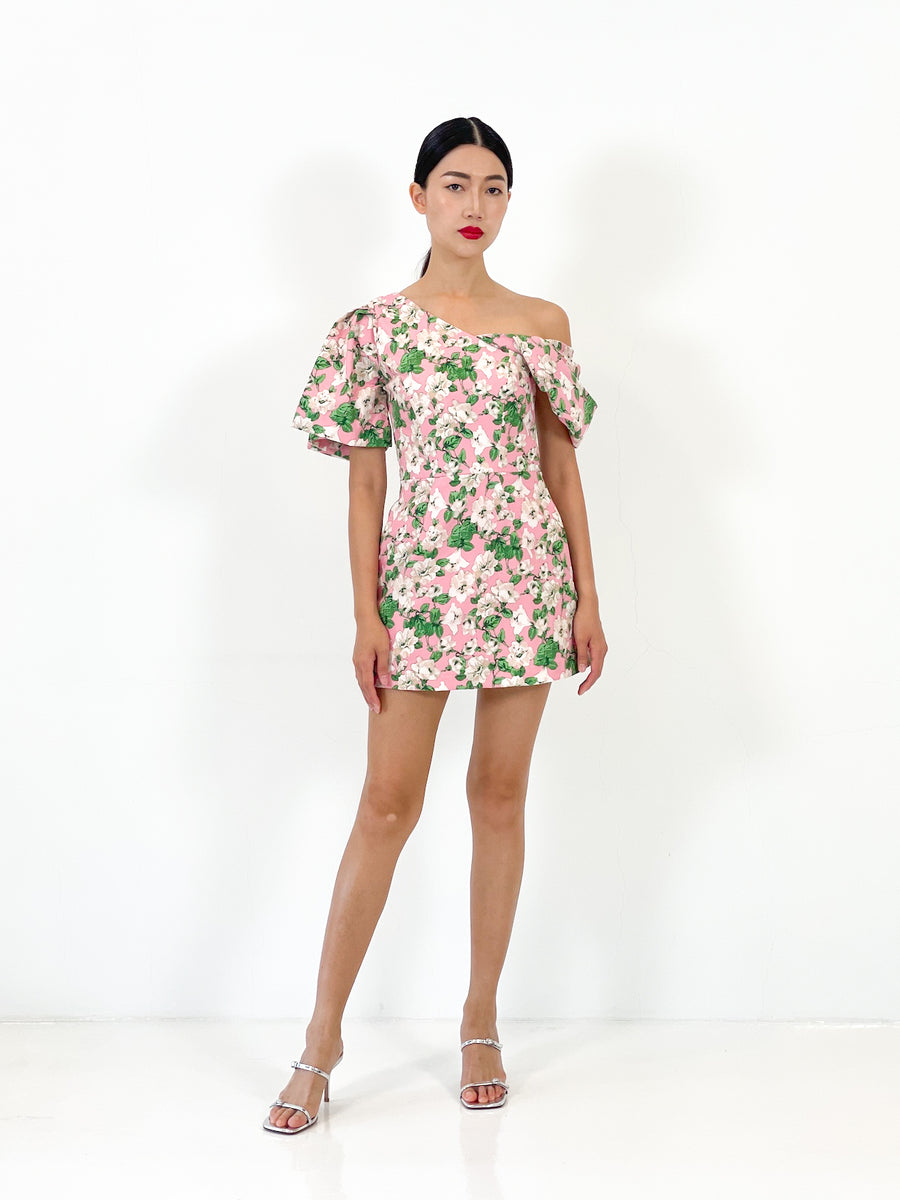 Off Shoulder Asymmetrical Mini Dress  | Pink Floral