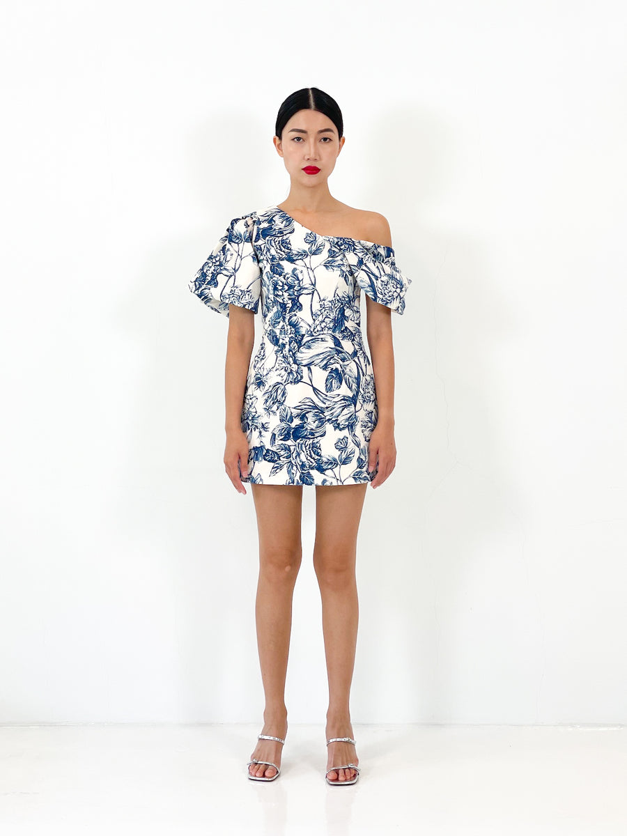 Off Shoulder Asymmetrical Mini Dress  | Blue Chinoiserie