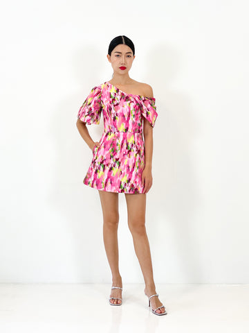 Off Shoulder Asymmetrical Mini Dress  | Pink Abstract