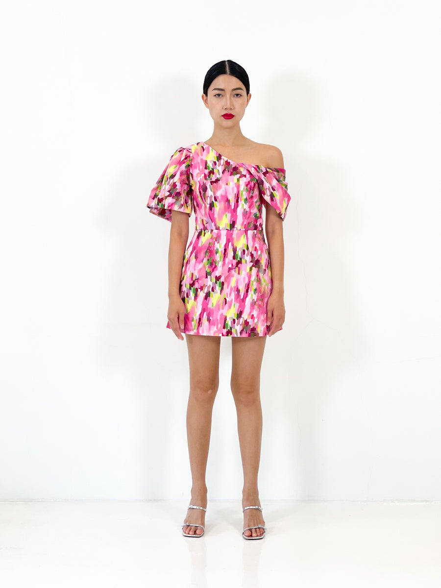 Off Shoulder Asymmetrical Mini Dress | Pink Abstract Maarimaia Off Shoulder Asymmetrical Mini Dress | Pink Abstract Maarimaia