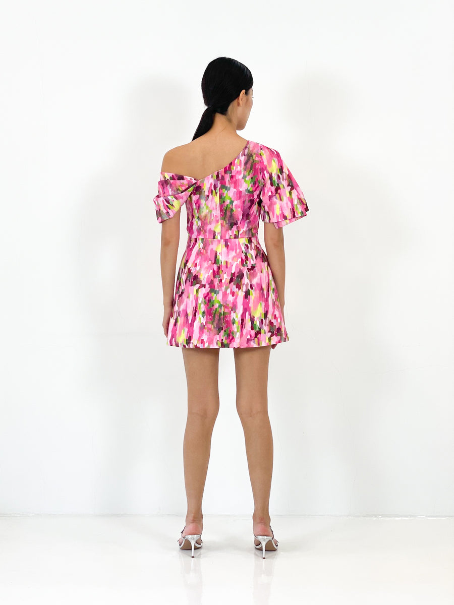 Off Shoulder Asymmetrical Mini Dress  | Pink Abstract