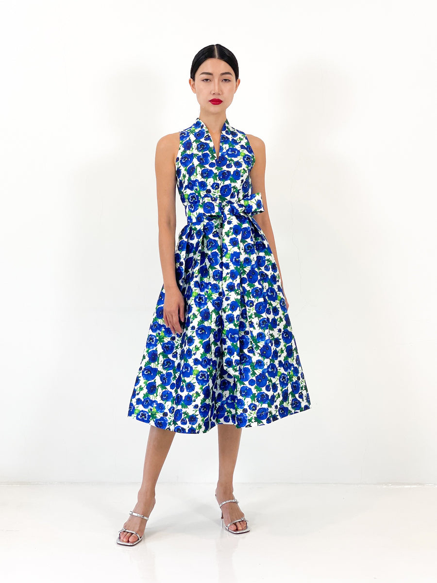 High Collar Flare Midi Dress  | Blue Floral