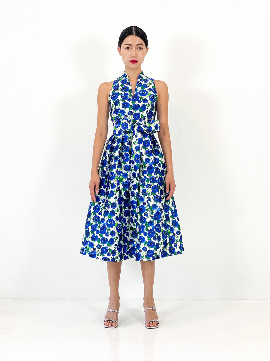 High Collar Flare Midi Dress  | Blue Floral